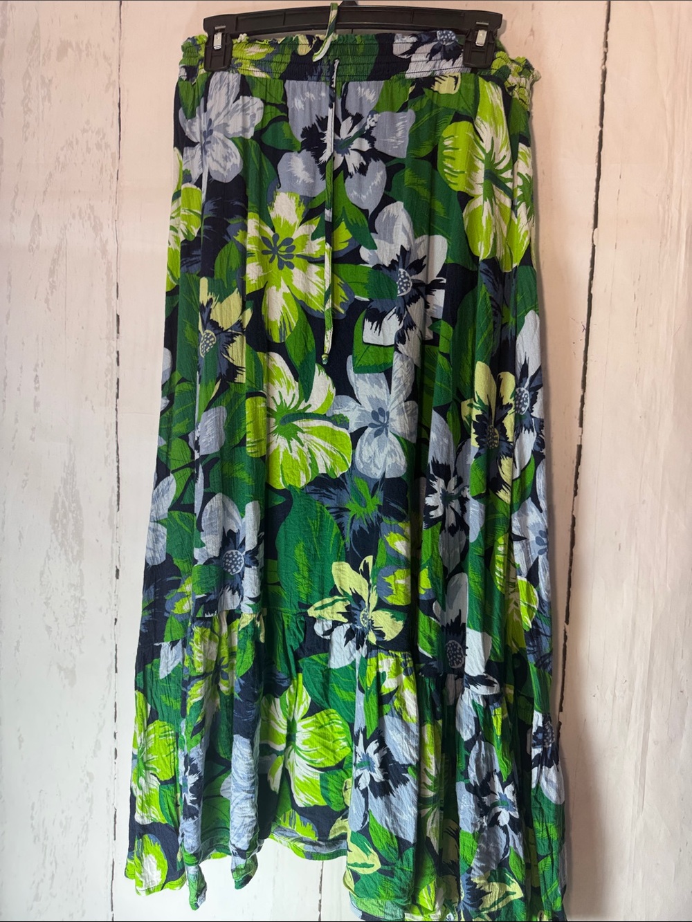 aerie Green & Navy Floral Maxi Skirt, elastic waist with tie string